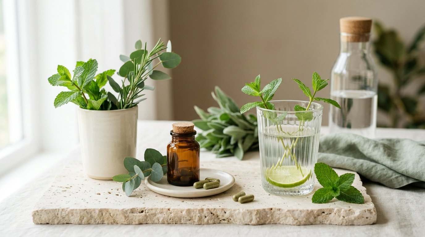 Glass of lemon and mint water with cucumber, ginger and mint on a kitchen counter, illustrating a HepatoBurn review