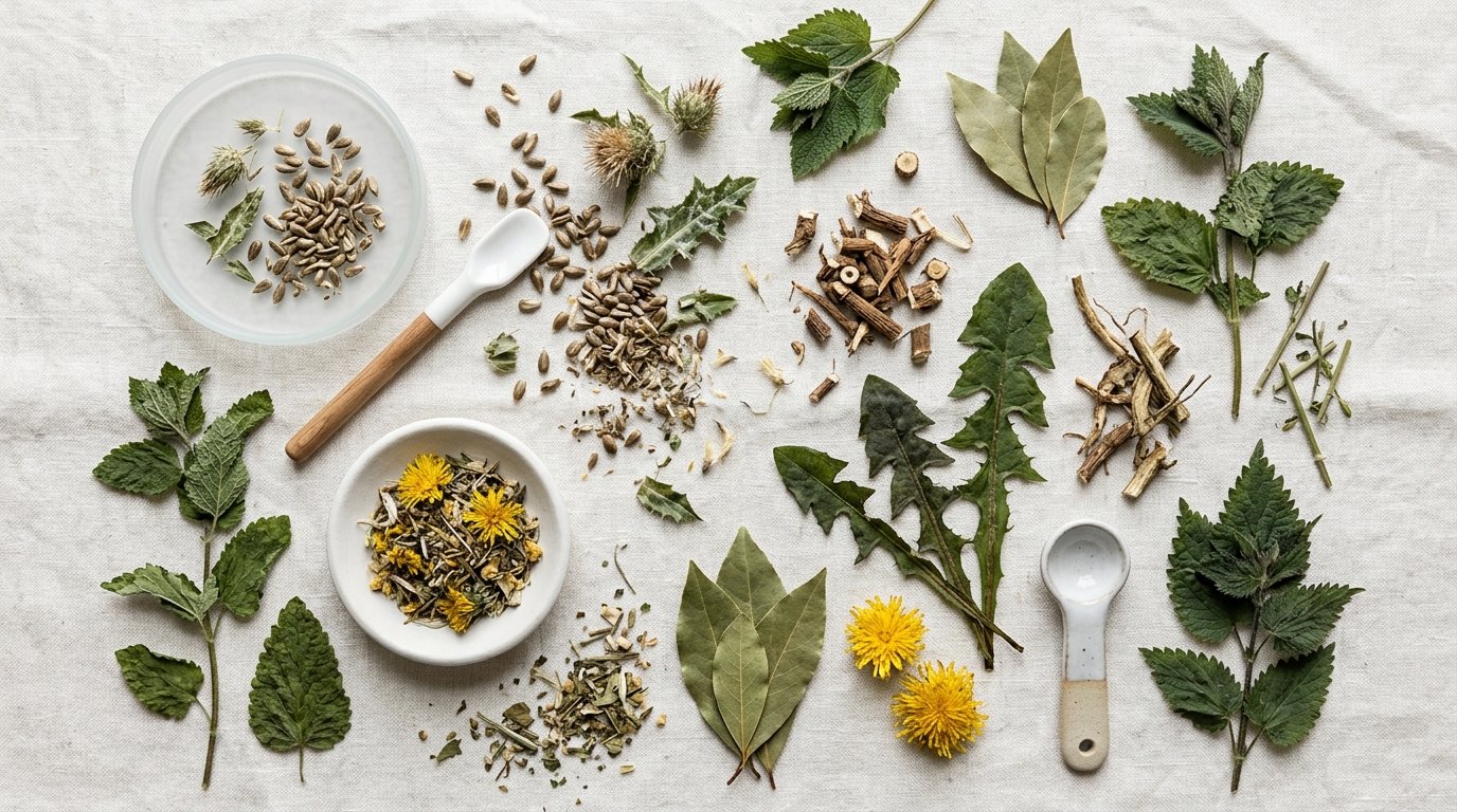 Flat-lay of milk thistle, dandelion and dried botanical herbs, ingredients discussed in the HepatoBurn review