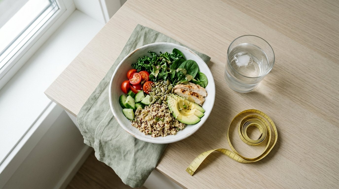 Top-down balanced healthy meal bowl with a glass of water and a measuring tape, representing realistic weight management
