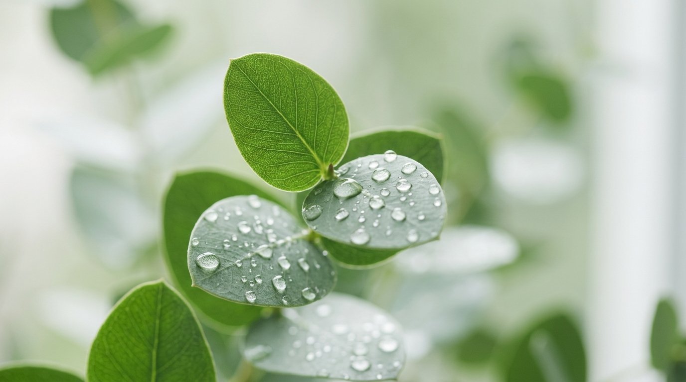 Soft macro of green leaves and water droplets in light, representing metabolism and liver support