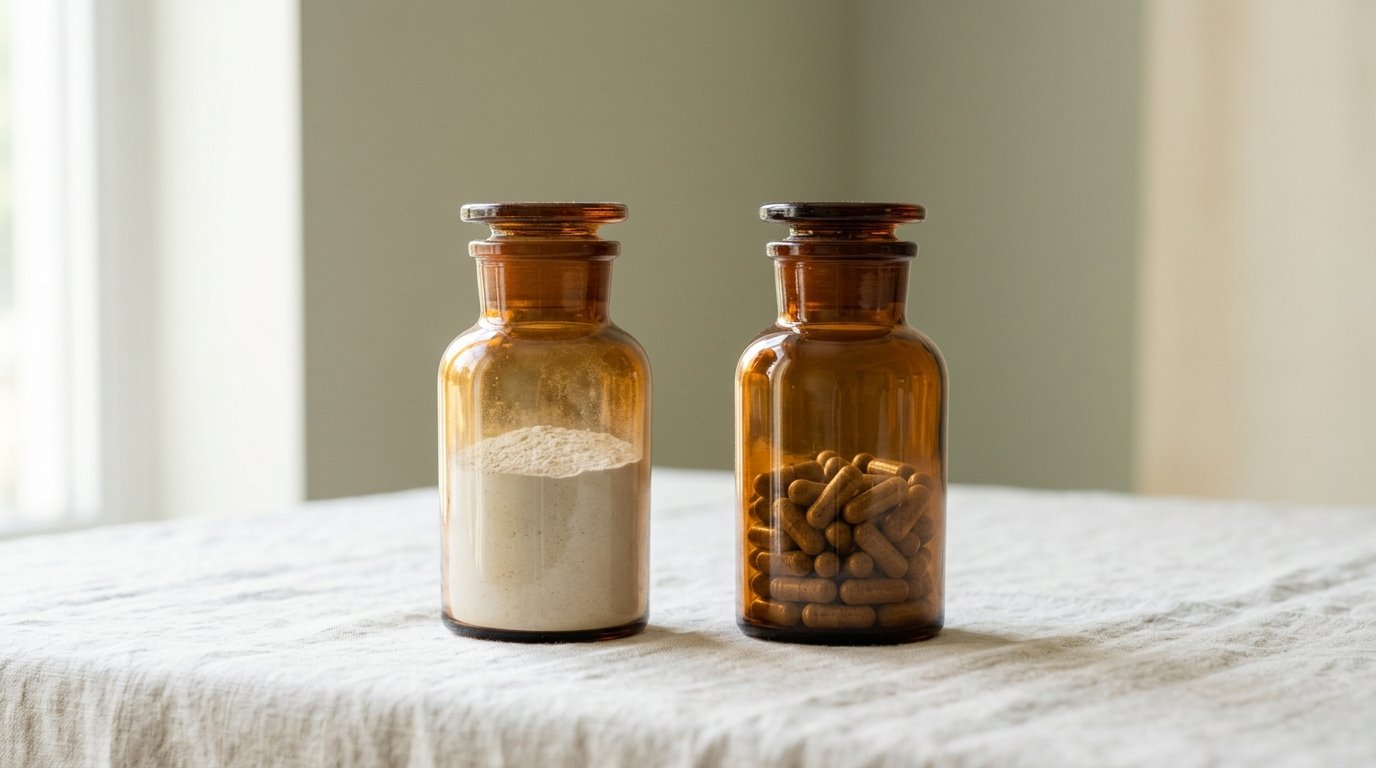 Two plain unlabeled amber glass jars side by side on a neutral background, illustrating a supplement comparison
