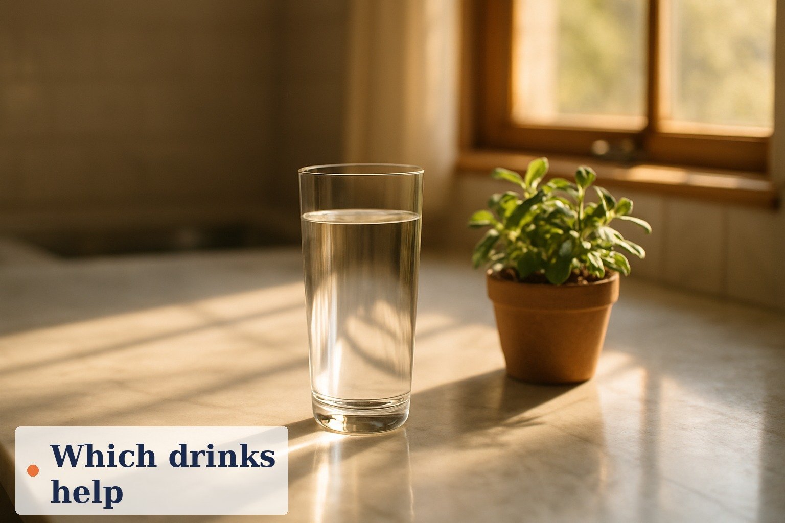 A glass of water, a cup of black coffee and a cup of green tea beside a crossed-out sugary soda can, showing better and worse drink choices