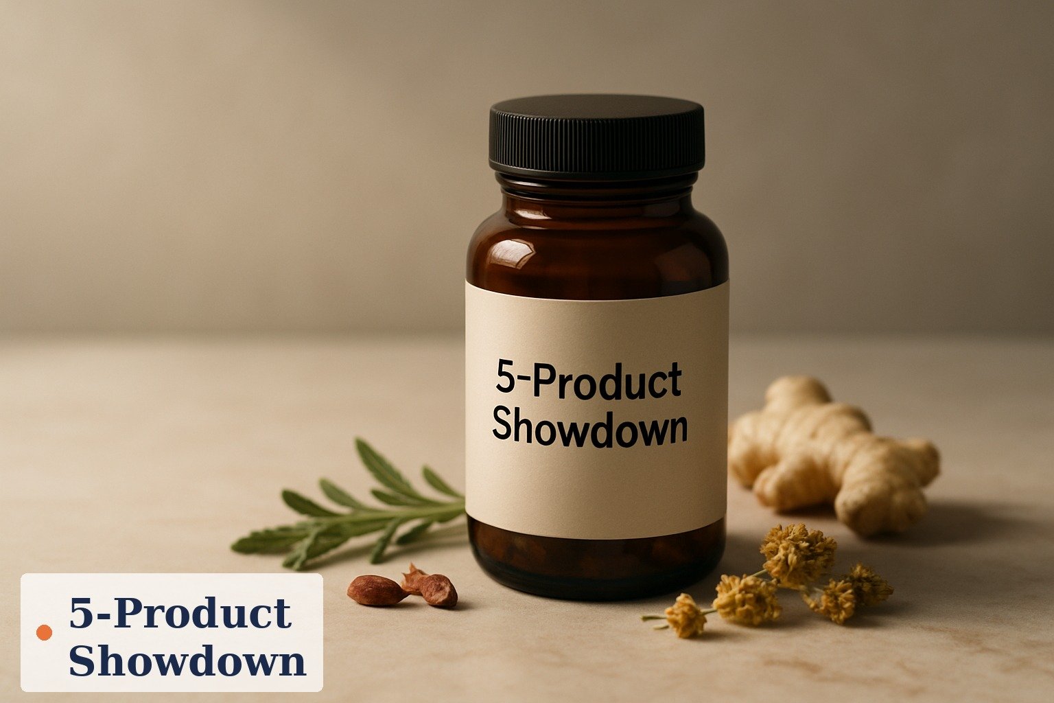 Five weight-loss supplements — a coffee powder, a fruit juice mix, two capsule bottles and a tonic — arranged side by side on a kitchen counter for comparison