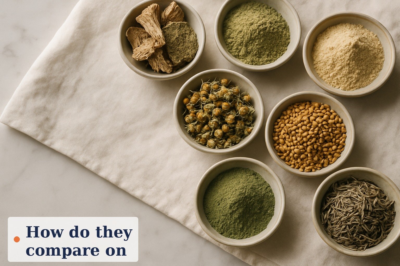 Flat-lay of green tea leaves, green coffee beans, berries and dried botanicals representing the shared ingredients across the five supplements