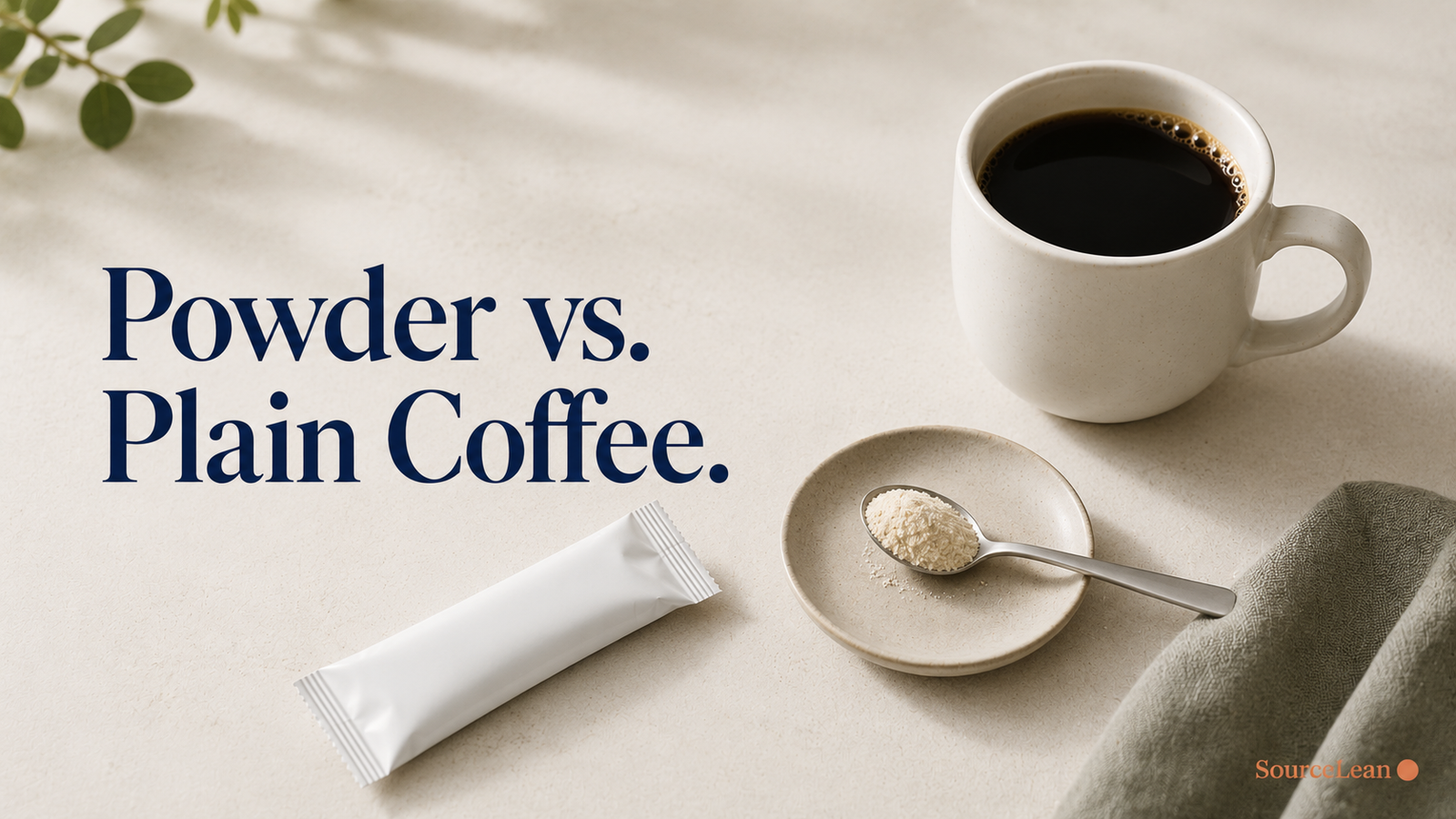 A single-serve supplement powder pouch and a spoon resting on a saucer beside a coffee cup, illustrating a supplement comparison