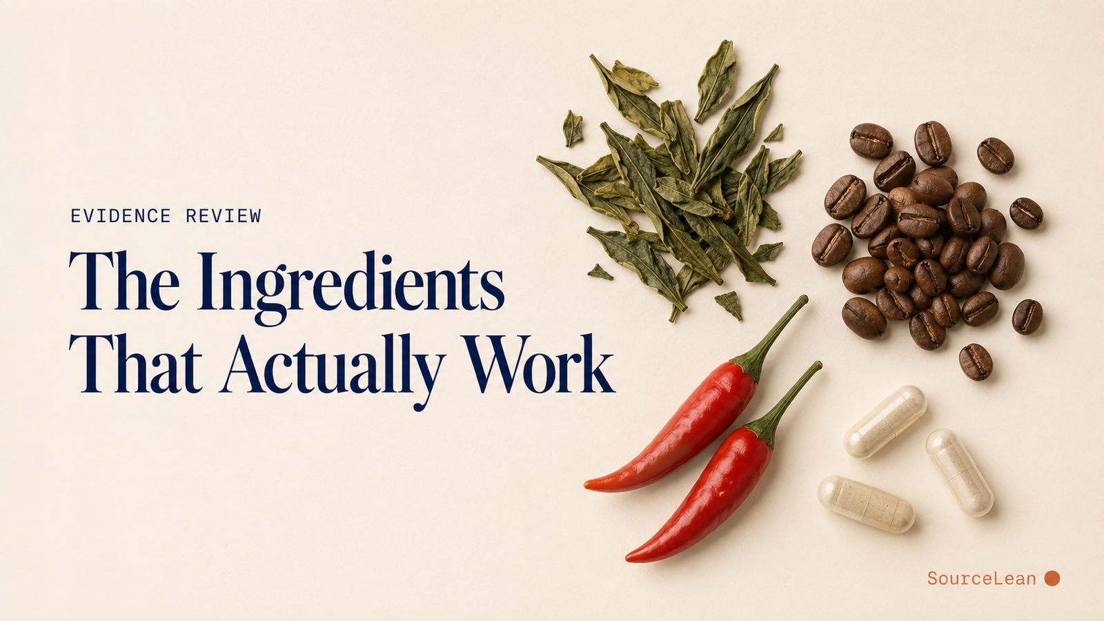 Overhead view of green tea leaves, coffee beans, chili peppers and capsules arranged on a kitchen counter, representing evidence-based weight-loss ingredients