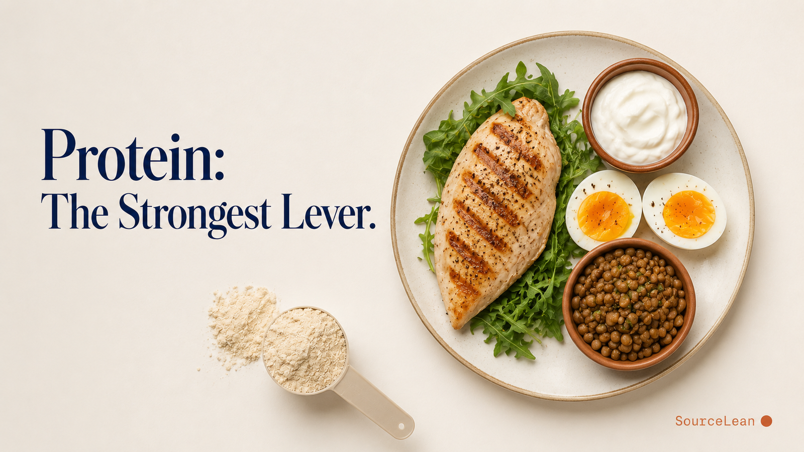 High-protein meal of grilled chicken, eggs, Greek yogurt and lentils on a plate next to a scoop of protein powder