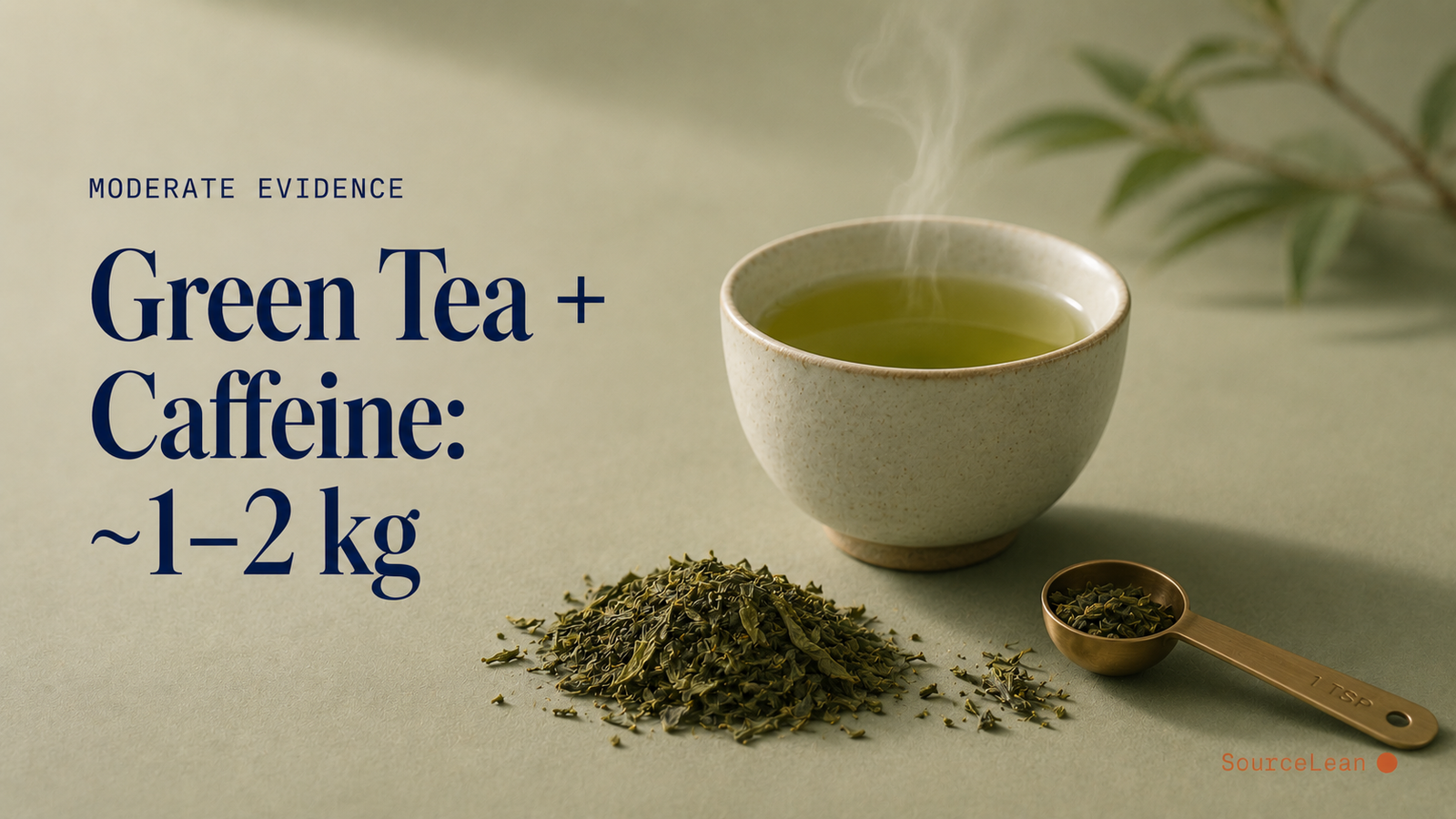 Cup of brewed green tea beside loose tea leaves and a measuring spoon, illustrating green tea catechin dosing