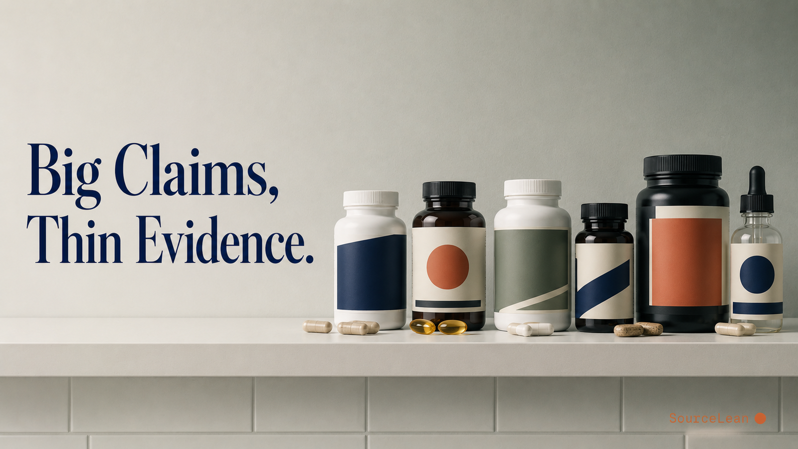 Assorted weight-loss supplement bottles and capsules on a pharmacy shelf with bold marketing labels