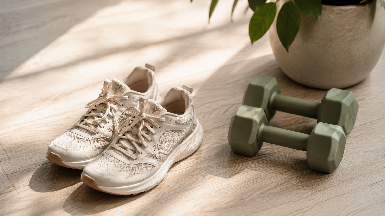 A person lacing up running shoes next to a set of dumbbells, representing combining cardio and strength training for fat loss