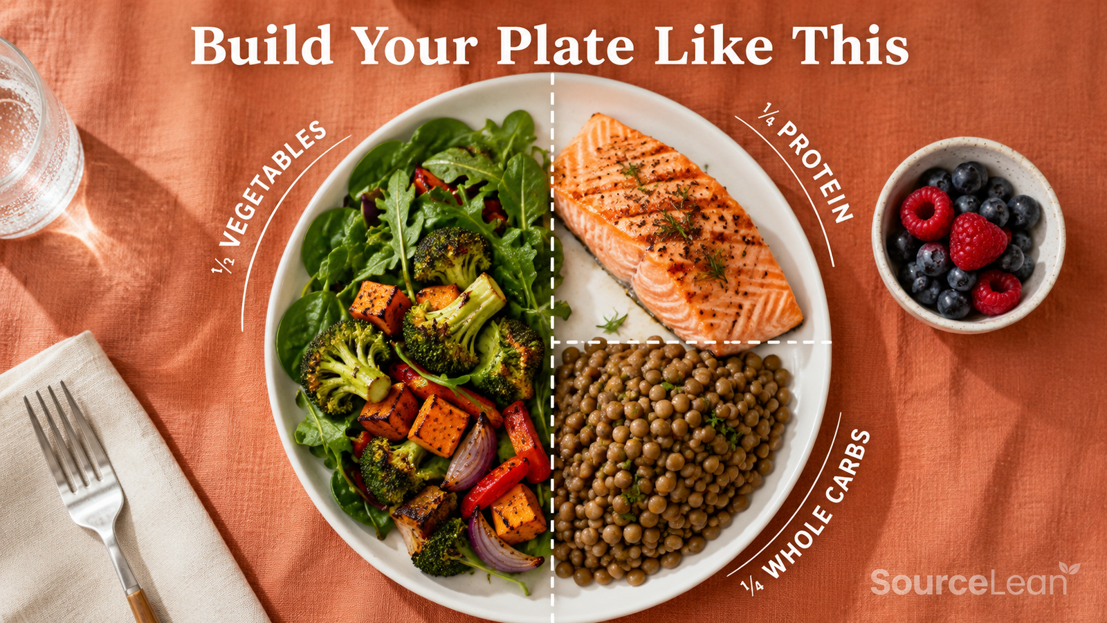 Healthy plate portion template for belly fat loss: half the plate vegetables, a quarter protein, and a quarter whole-food carbs