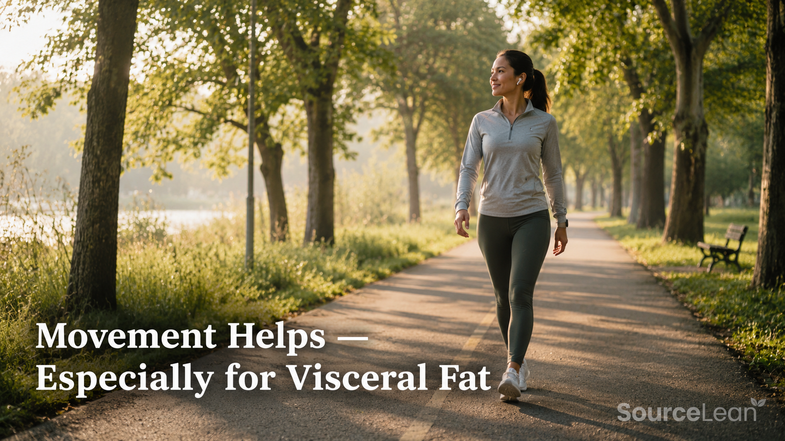 Person walking briskly outdoors for daily movement to help reduce visceral belly fat alongside diet