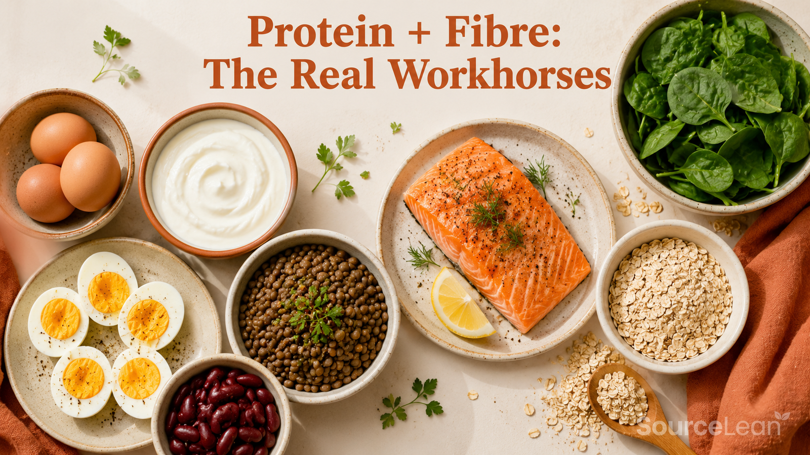 High-protein and high-fibre foods for fat loss including eggs, Greek yogurt, beans, lentils, salmon, oats and leafy greens grouped together