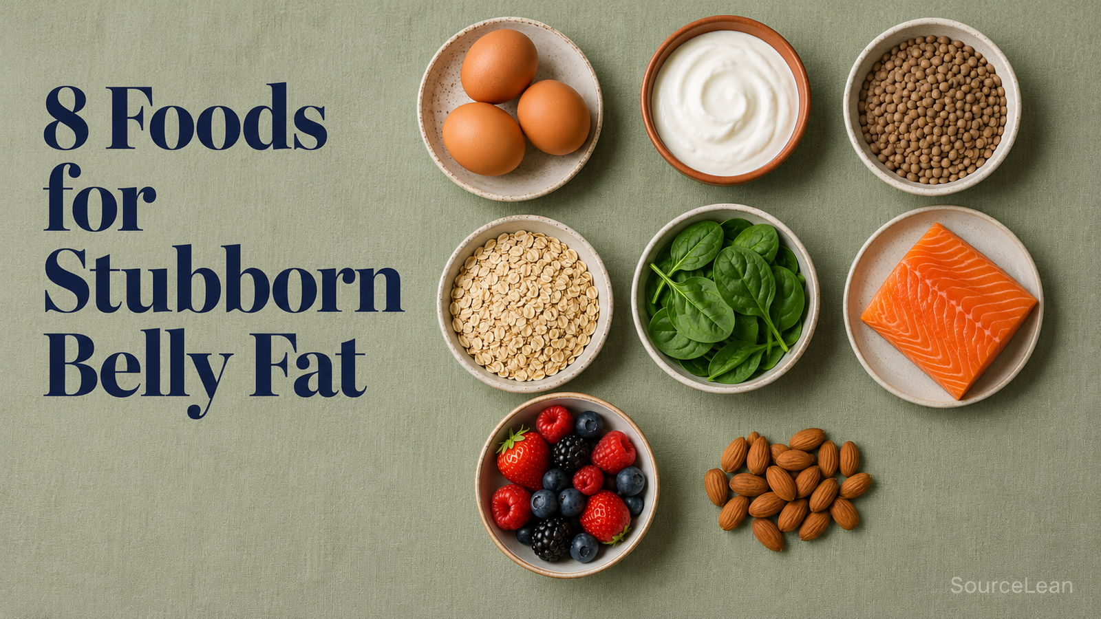 Eight evidence-based foods for reducing stubborn belly fat — eggs, Greek yogurt, lentils, oats, spinach, salmon, berries and almonds — arranged on a table