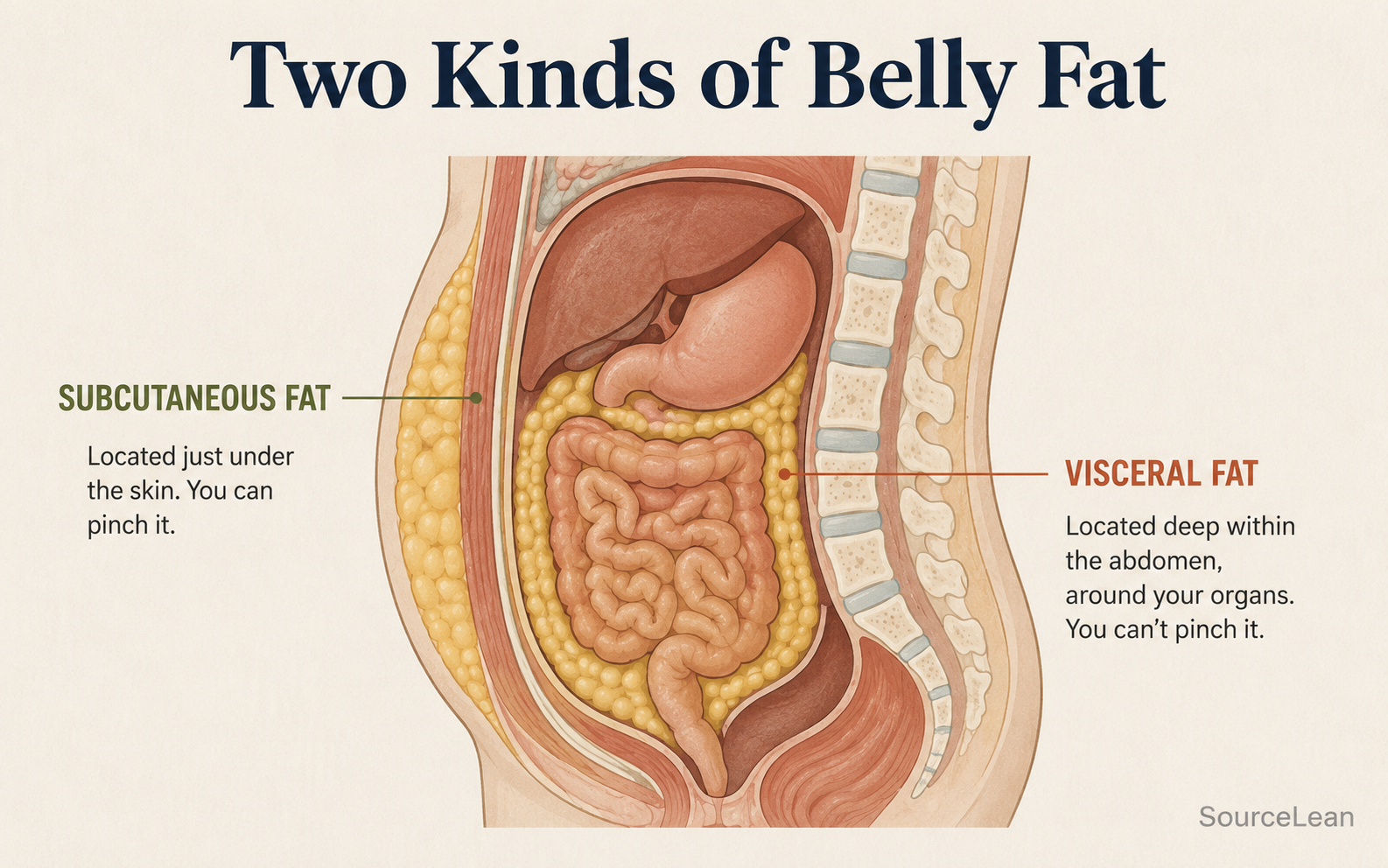 Diagram comparing subcutaneous belly fat under the skin with visceral belly fat surrounding the organs in the abdominal cavity