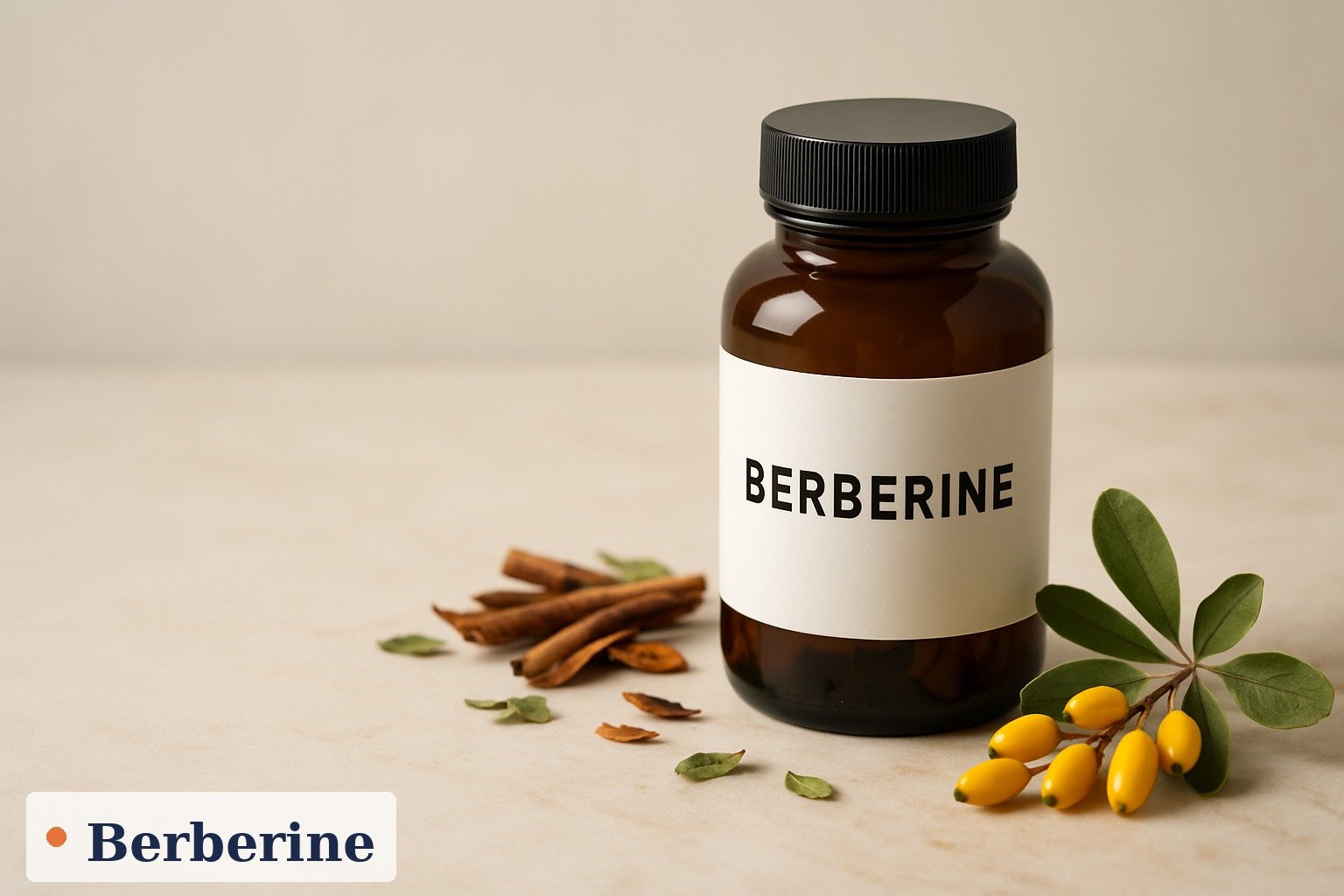 Bright yellow berberine capsules and the golden-yellow root of a barberry plant on a wooden kitchen counter, illustrating an evidence review of berberine for weight loss