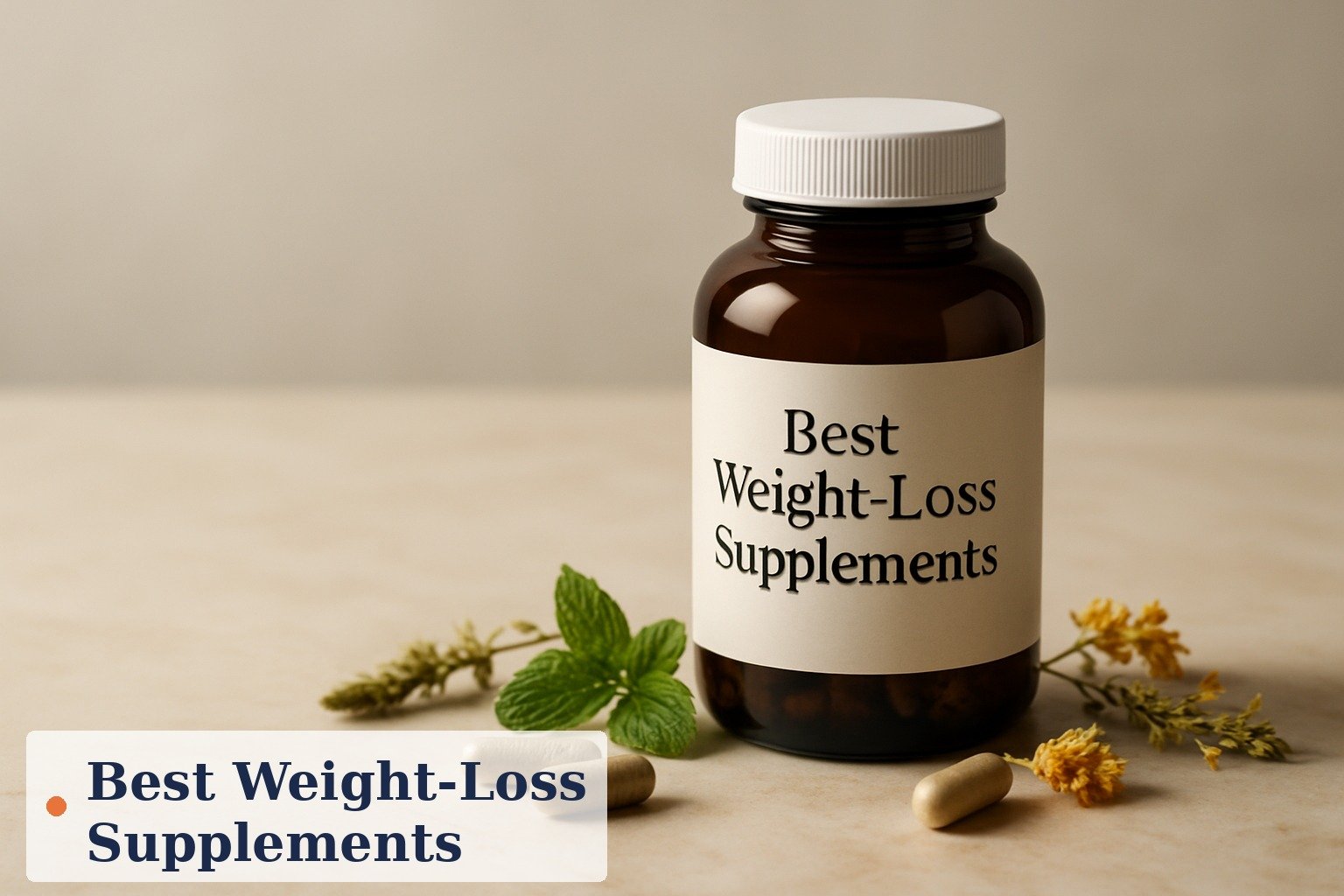 Several unlabeled supplement bottles, a measuring tape and a glass of water arranged on a kitchen counter, illustrating a 2026 weight-loss supplement buyer's guide