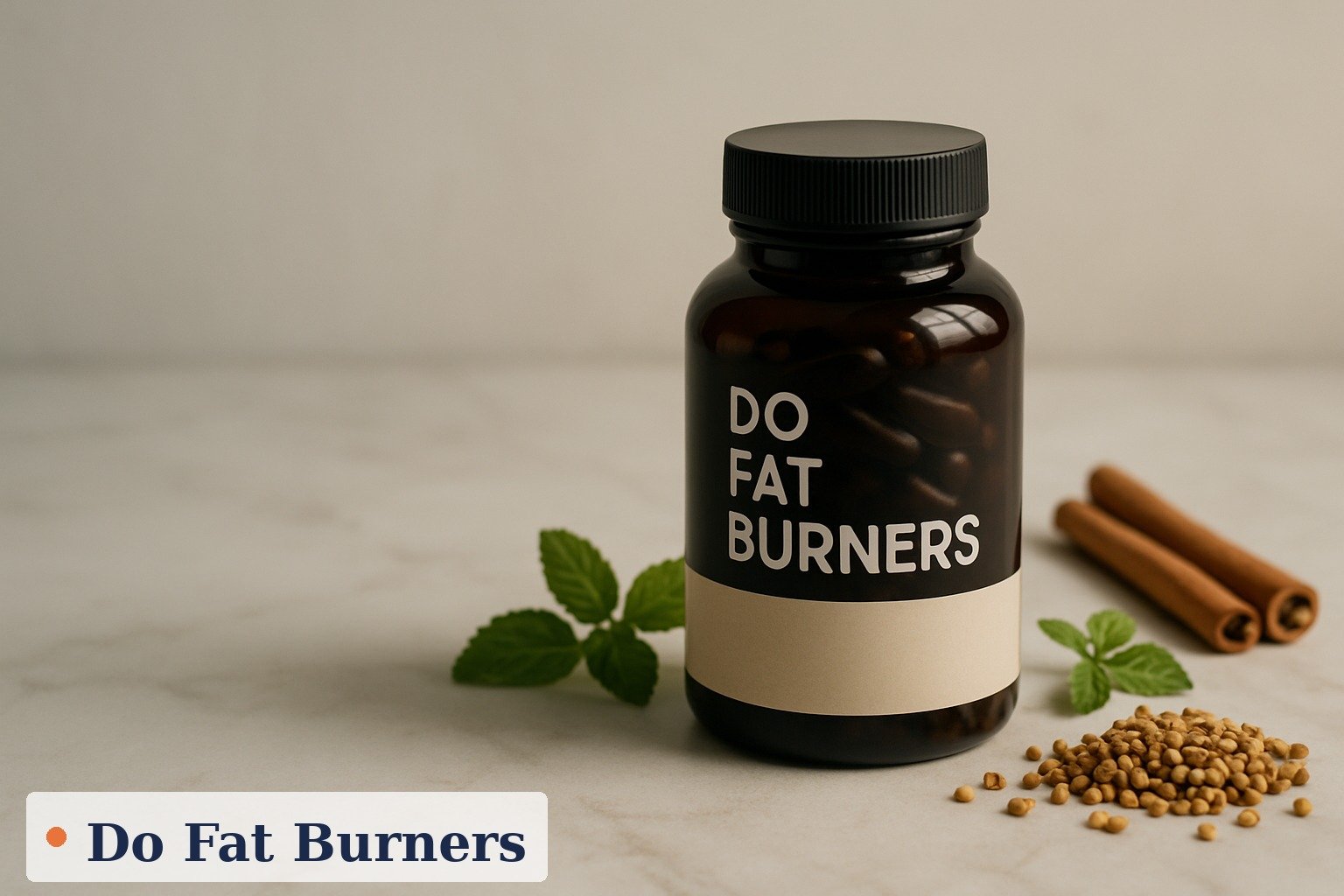 Assorted fat burner capsules and a measuring tape on a kitchen counter beside a cup of black coffee, illustrating an evidence-based fat burner guide