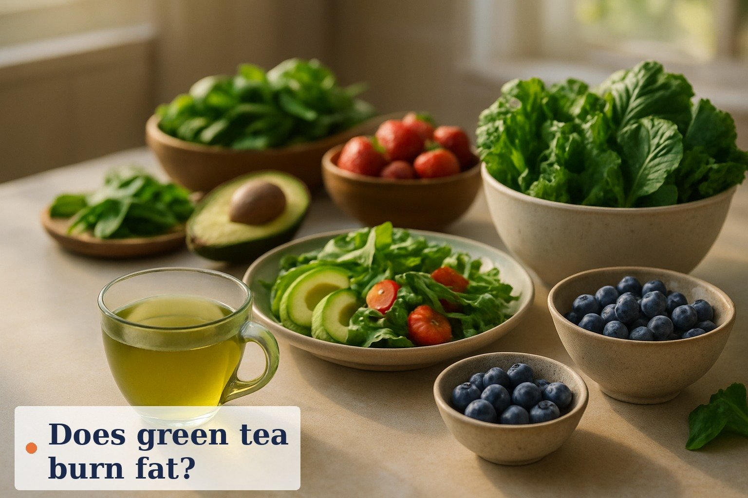 Cup of green tea and a cup of black coffee side by side on a table, illustrating caffeine and catechin thermogenesis