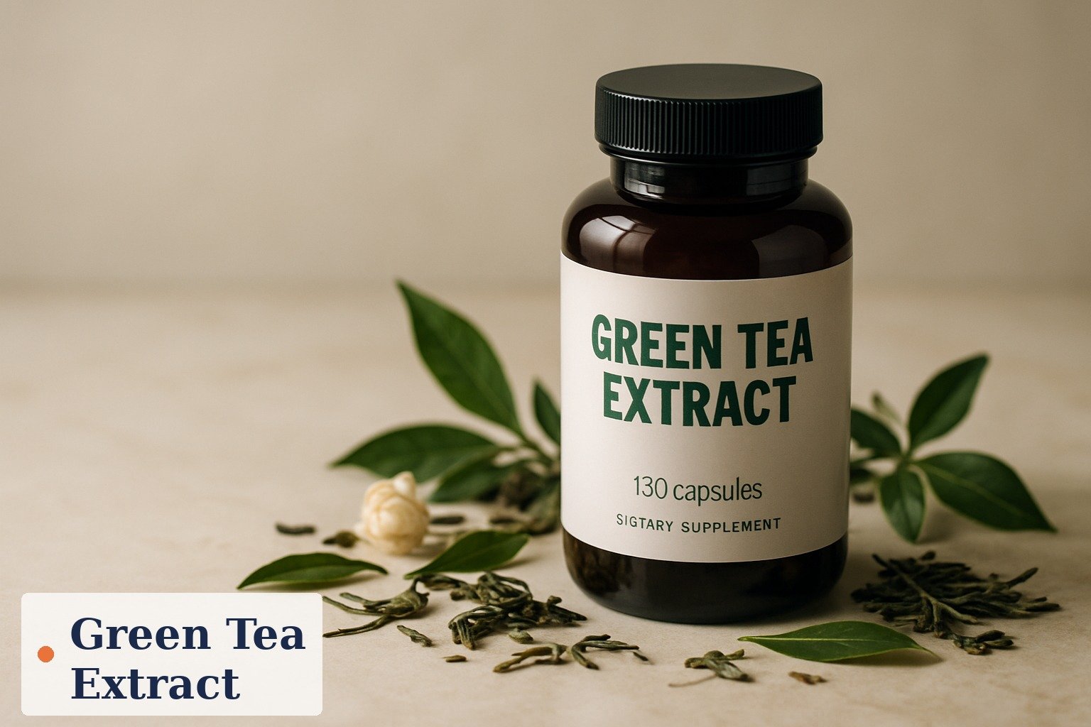 A cup of green tea beside green tea extract capsules and loose green tea leaves on a light kitchen counter