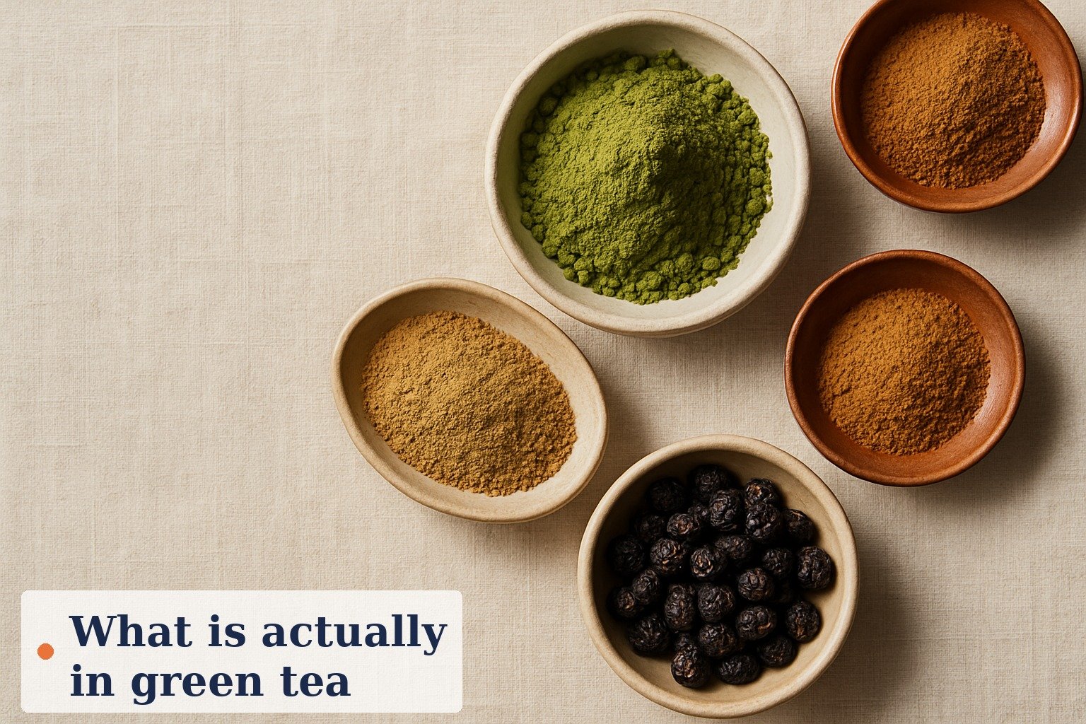 Flat-lay of green tea leaves, a supplement bottle and a magnifying glass over a label listing catechins and EGCG