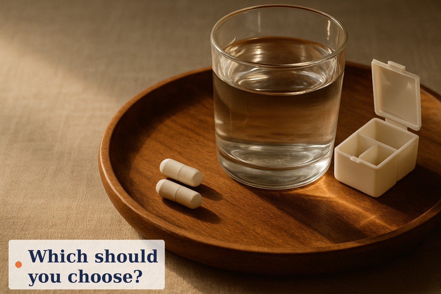 A glass of fruit drink beside a bottle of capsules on a neutral background, illustrating a head-to-head supplement comparison
