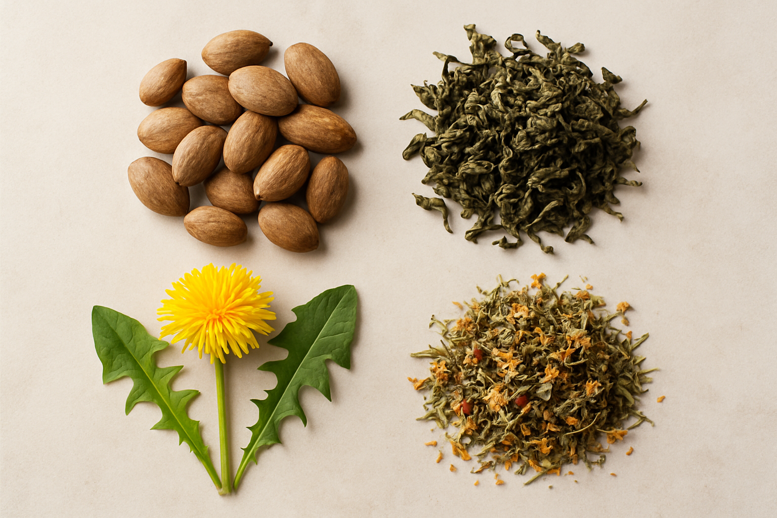 Flat-lay of African mango seeds, green tea leaves, dandelion and dried botanicals, ingredients discussed in the Ikaria Lean Belly Juice review, illustrating what ingredients are in ikaria lean belly juice.