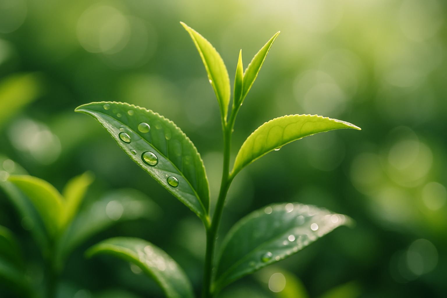 Soft macro of green tea leaves and water droplets in light, representing metabolism and antioxidant support, illustrating what are ikaria lean belly juice’s side effects — ikaria lean belly juice work 2.