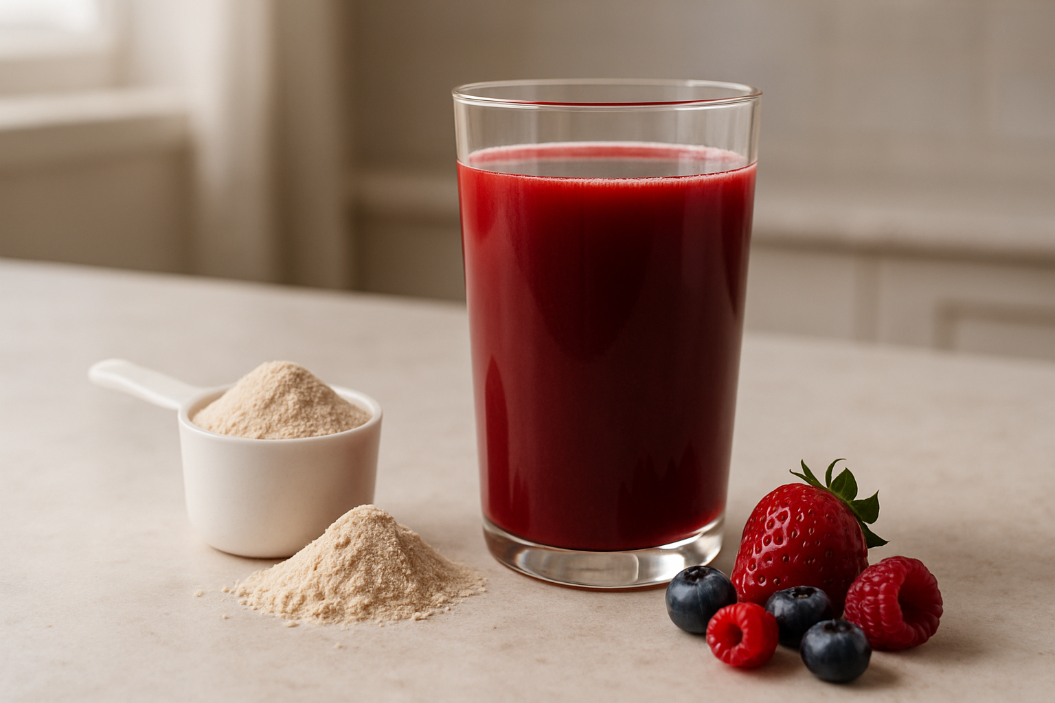 Glass of deep-red fruit drink beside a scoop of powder and fresh berries on a kitchen counter, illustrating an Ikaria Lean Belly Juice review.
