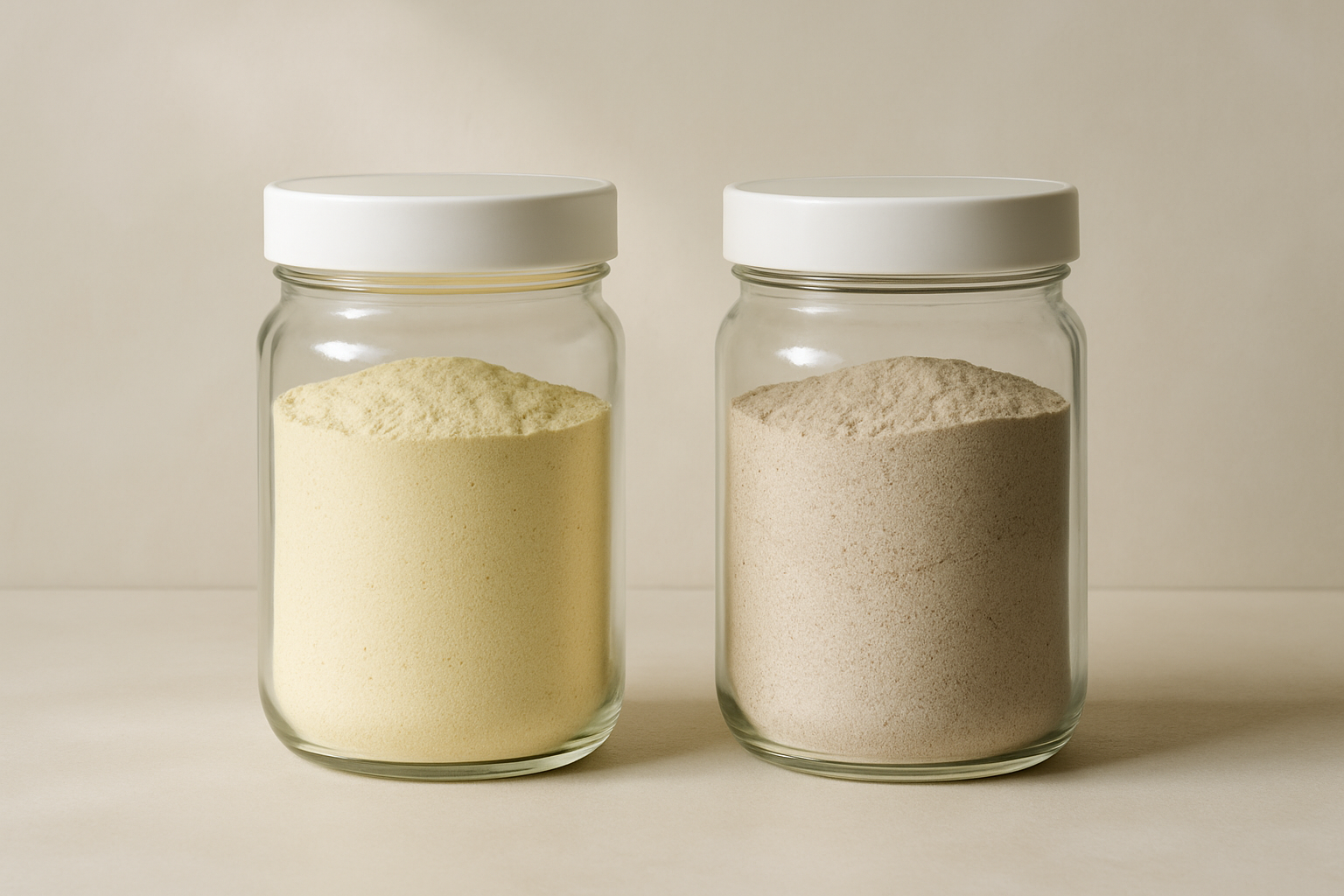 Two plain unlabeled jars of powder side by side on a neutral background, illustrating a supplement comparison, illustrating how should you take ikaria lean belly juice — ikaria lean belly juice work 2.