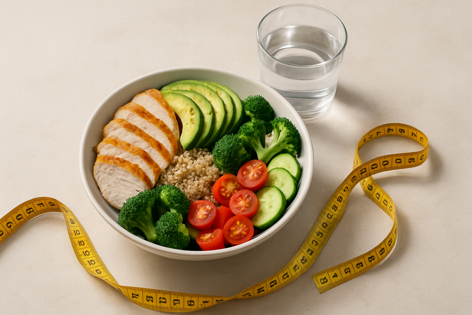 Top-down balanced healthy meal bowl with a glass of water and a measuring tape, representing realistic weight management, illustrating does ikaria lean belly juice work for weight loss — ikaria lean belly juice work 2.