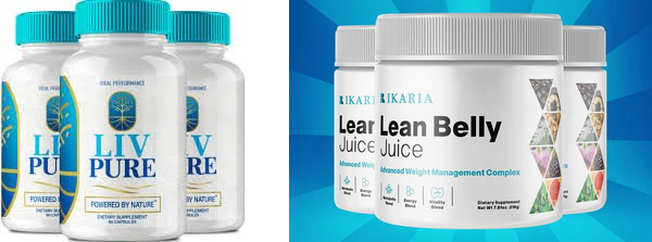 A glass of Ikaria Lean Belly Juice mixed in water beside a bottle of Liv Pure capsules on a kitchen counter, illustrating an Ikaria vs Liv Pure comparison