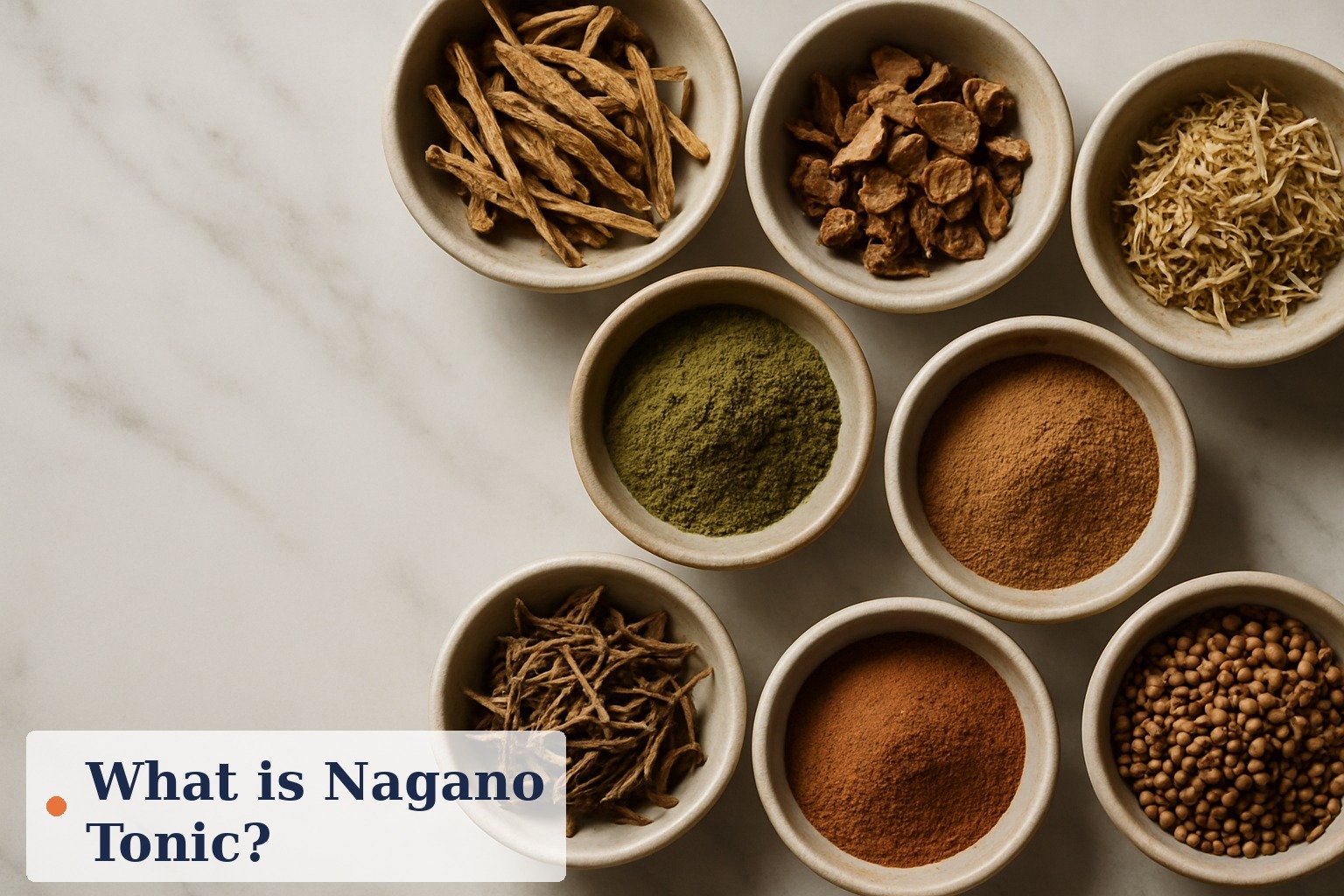 Flat-lay of green tea leaves, berberine-rich barberry, cinnamon bark, ginger root and bitter melon, the botanicals discussed in the Java Burn vs Nagano Tonic comparison