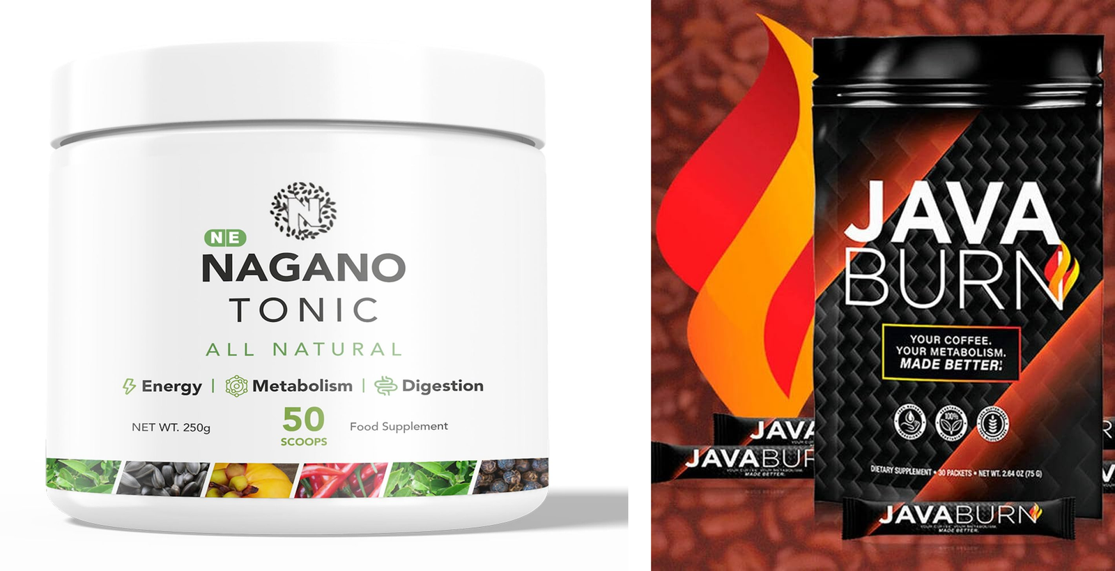 Java Burn powder being stirred into a cup of black coffee next to a glass of Nagano Tonic mixed in water on a kitchen counter