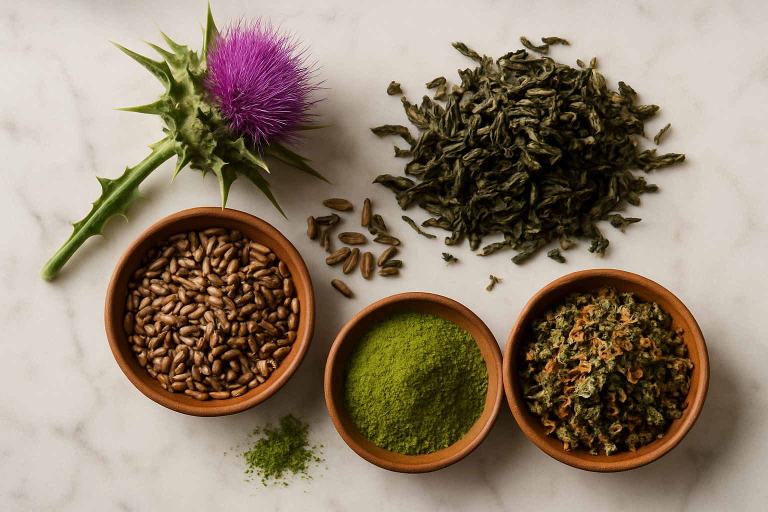 Flat-lay of milk thistle, green tea leaves and dried botanical herbs, ingredients discussed in the Liv Pure review