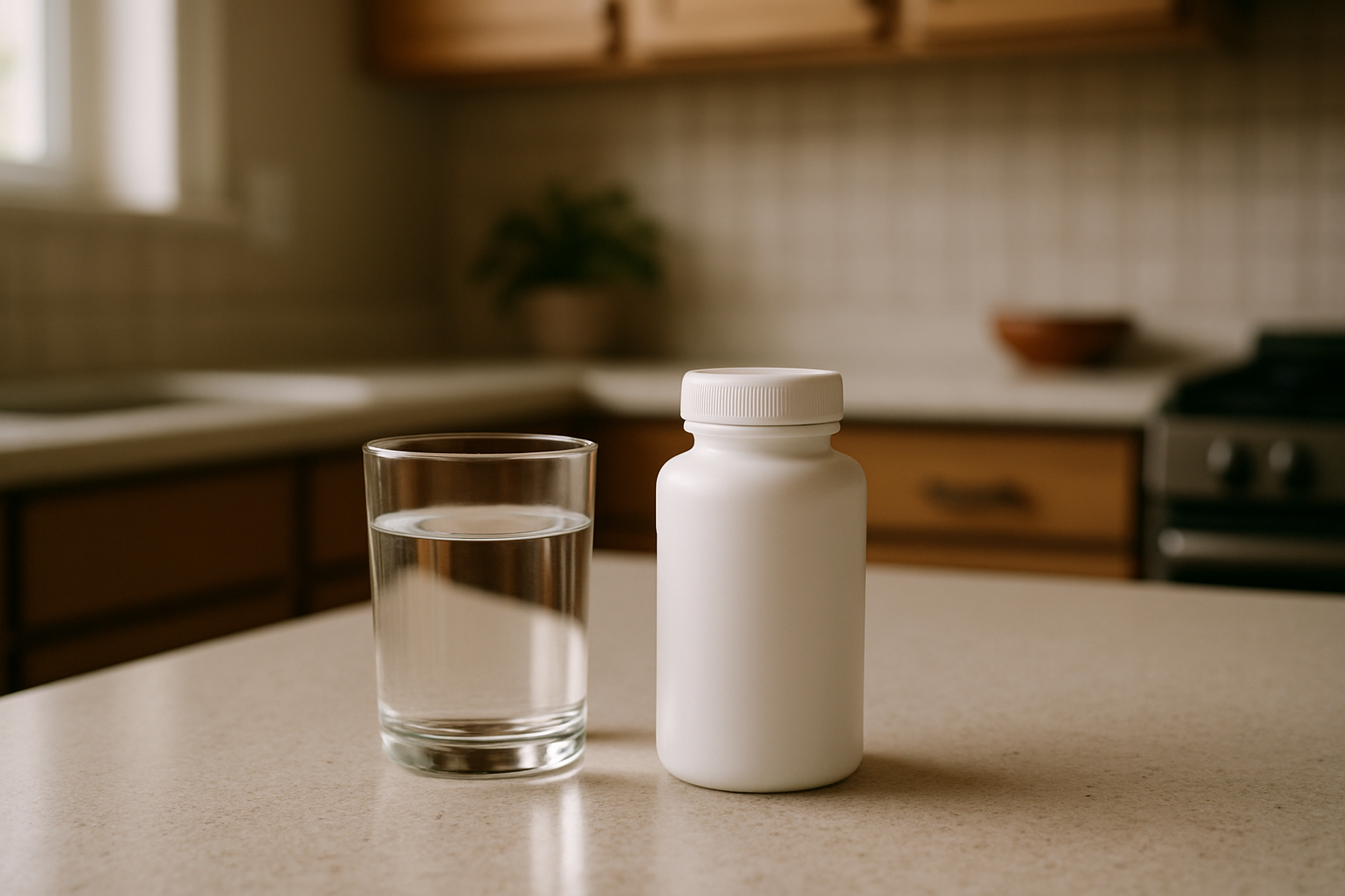 Liv Pure supplement bottle next to a glass of water on a kitchen counter, illustrating a Liv Pure review