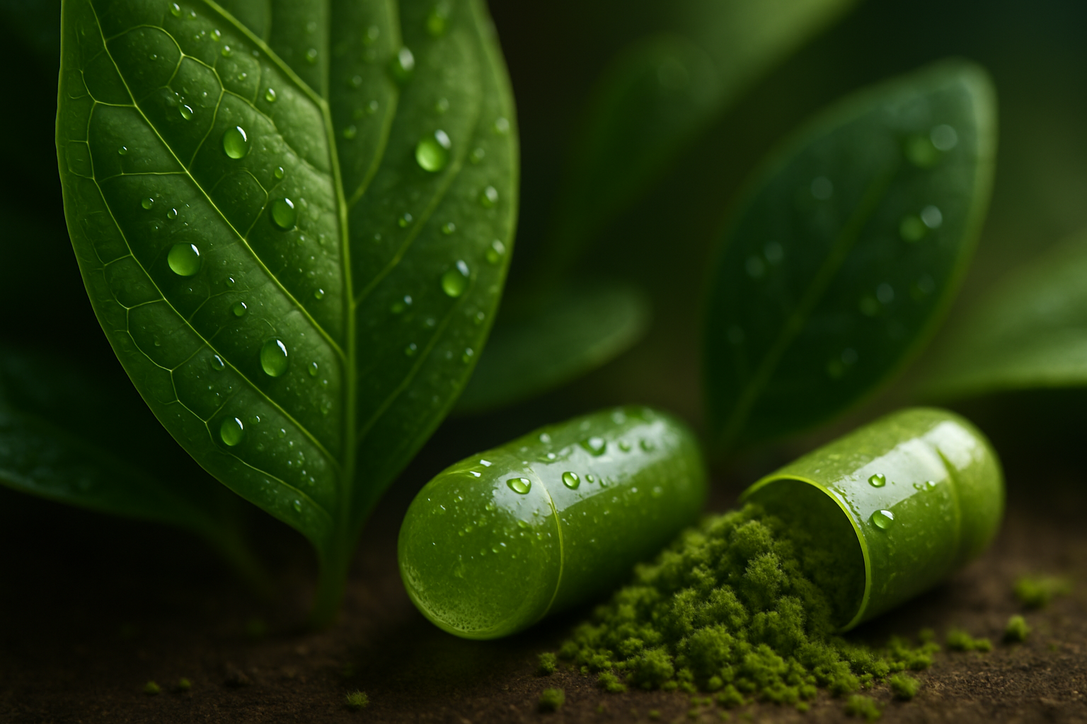 Soft macro of green tea leaves and water droplets in light, representing metabolism and liver support