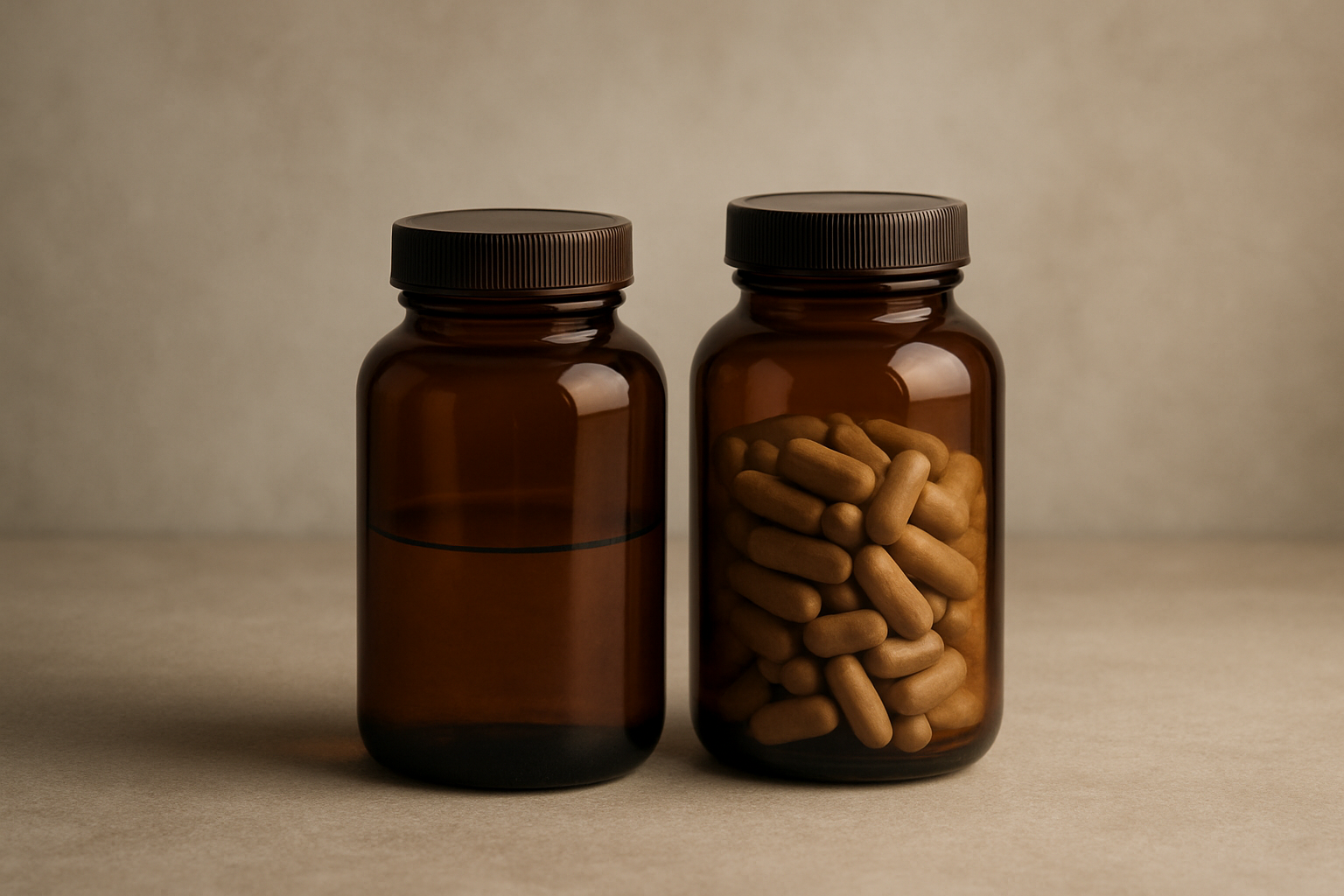 Two plain unlabeled amber glass jars side by side on a neutral background, illustrating a supplement comparison