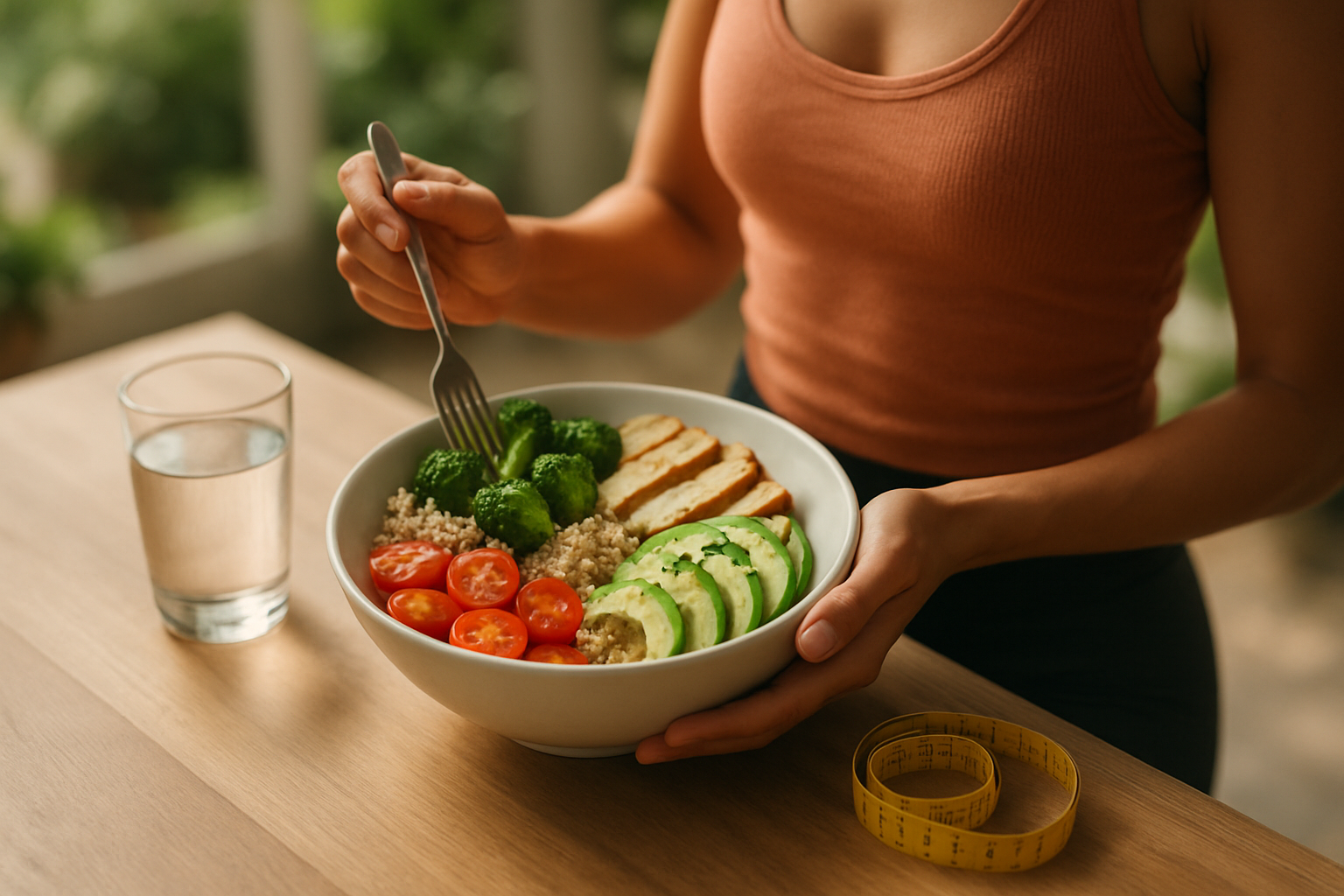 Top-down balanced healthy meal bowl with a glass of water and a measuring tape, representing realistic weight management