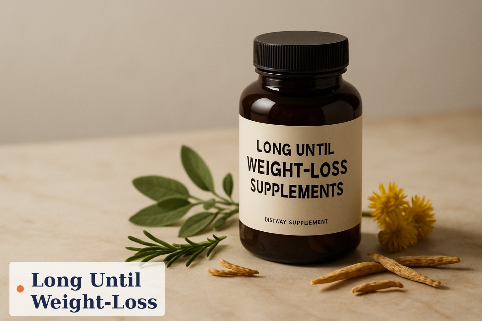 A weekly calendar next to a supplement bottle and a glass of water, illustrating the multi-week timeline for weight-loss supplements