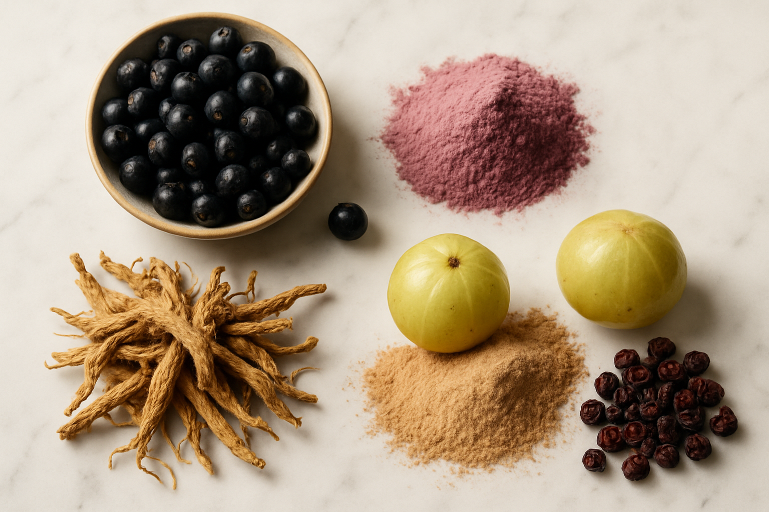Flat-lay of maqui berries, rhodiola root, amla fruit and dried schisandra berries, ingredients discussed in the Mitolyn review