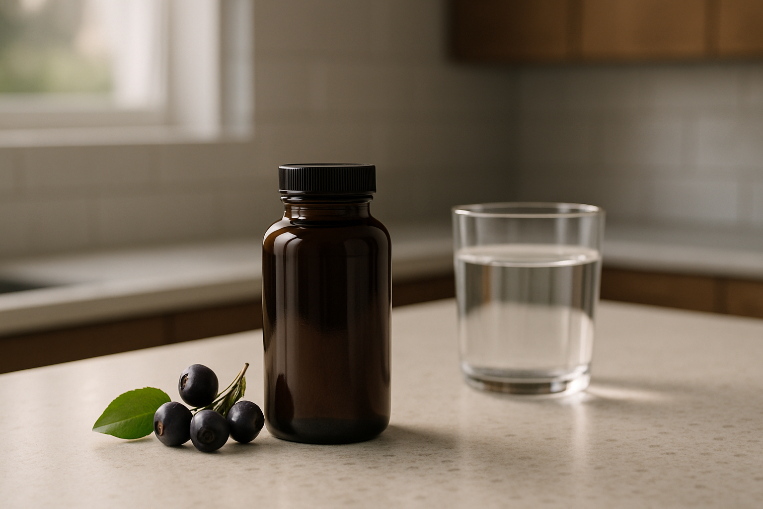 Mitolyn supplement bottle beside fresh purple maqui berries and a glass of water on a kitchen counter, illustrating a Mitolyn review