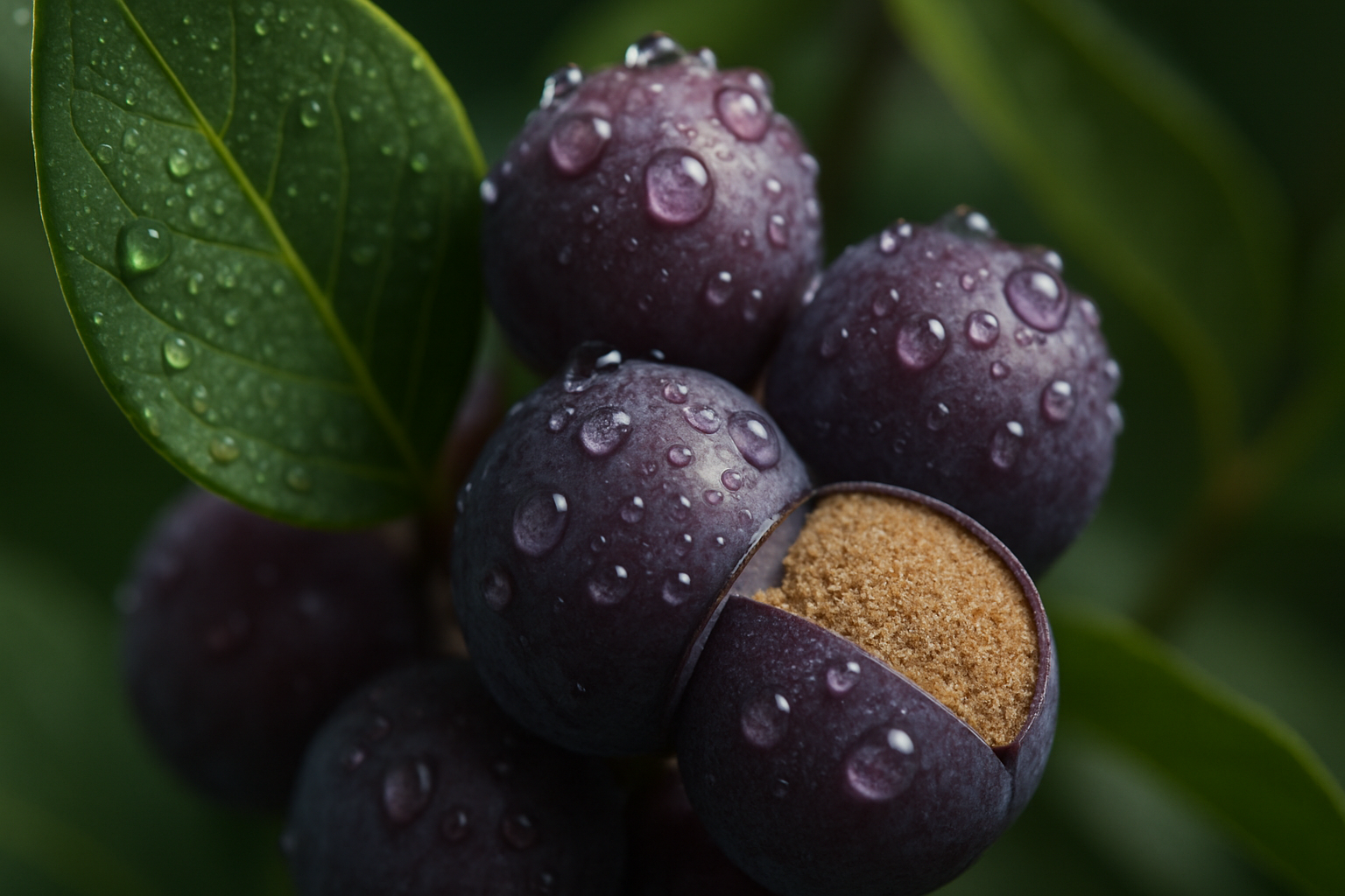 Soft macro of purple berries and green leaves with water droplets in light, representing antioxidants and cellular energy