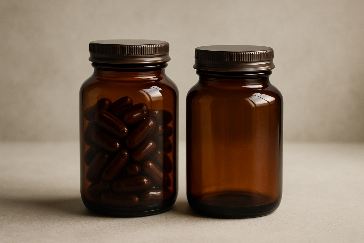 Two plain unlabeled amber glass supplement jars side by side on a neutral background, illustrating a supplement comparison