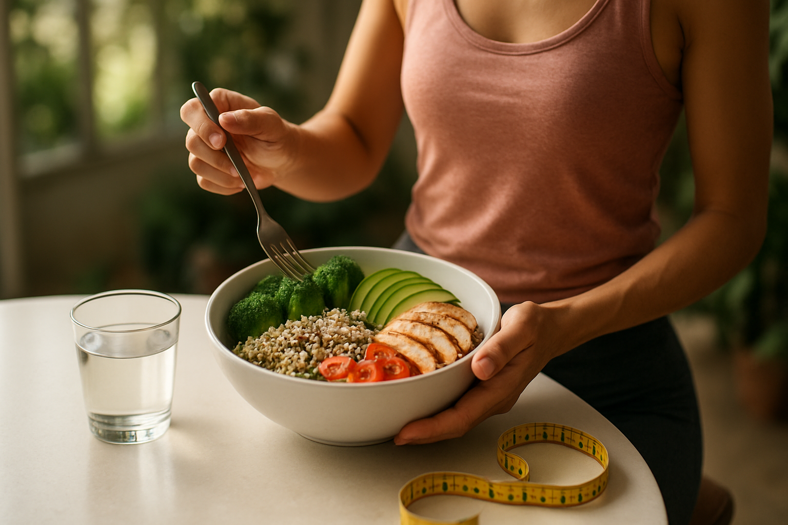 Top-down balanced healthy meal bowl with a glass of water and a measuring tape, representing realistic weight management