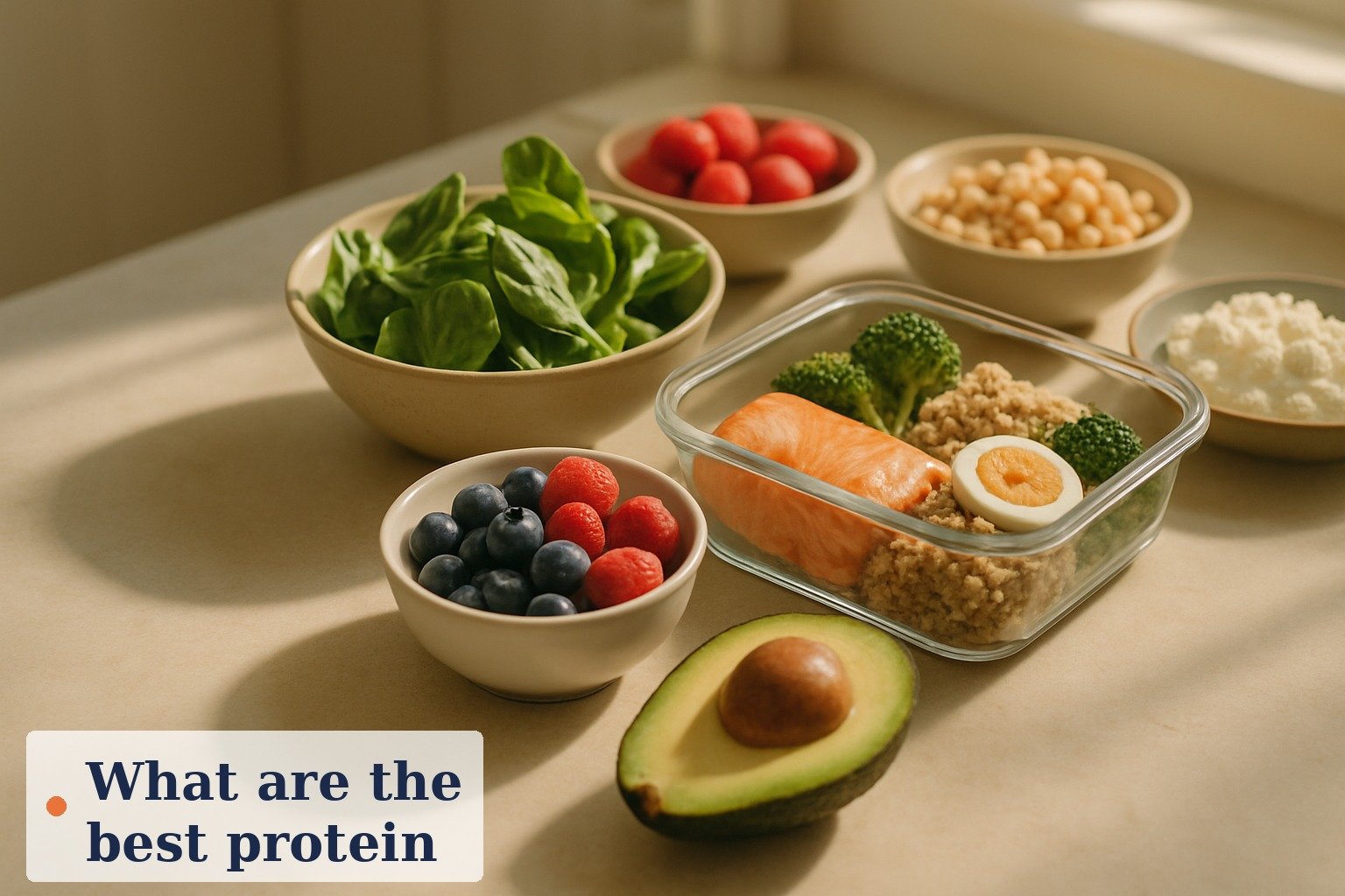 Overhead spread of lean protein sources including chicken, cod, eggs, Greek yogurt, tofu, lentils and a scoop of whey protein powder