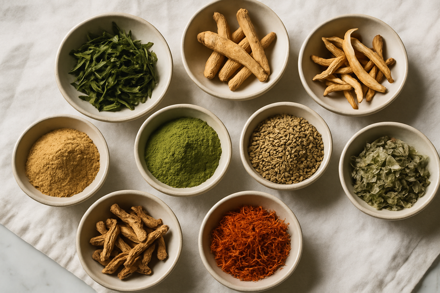 Flat-lay of green tea leaves, ginger root, cinnamon sticks and dried botanicals, ingredients discussed in the Nagano Tonic review