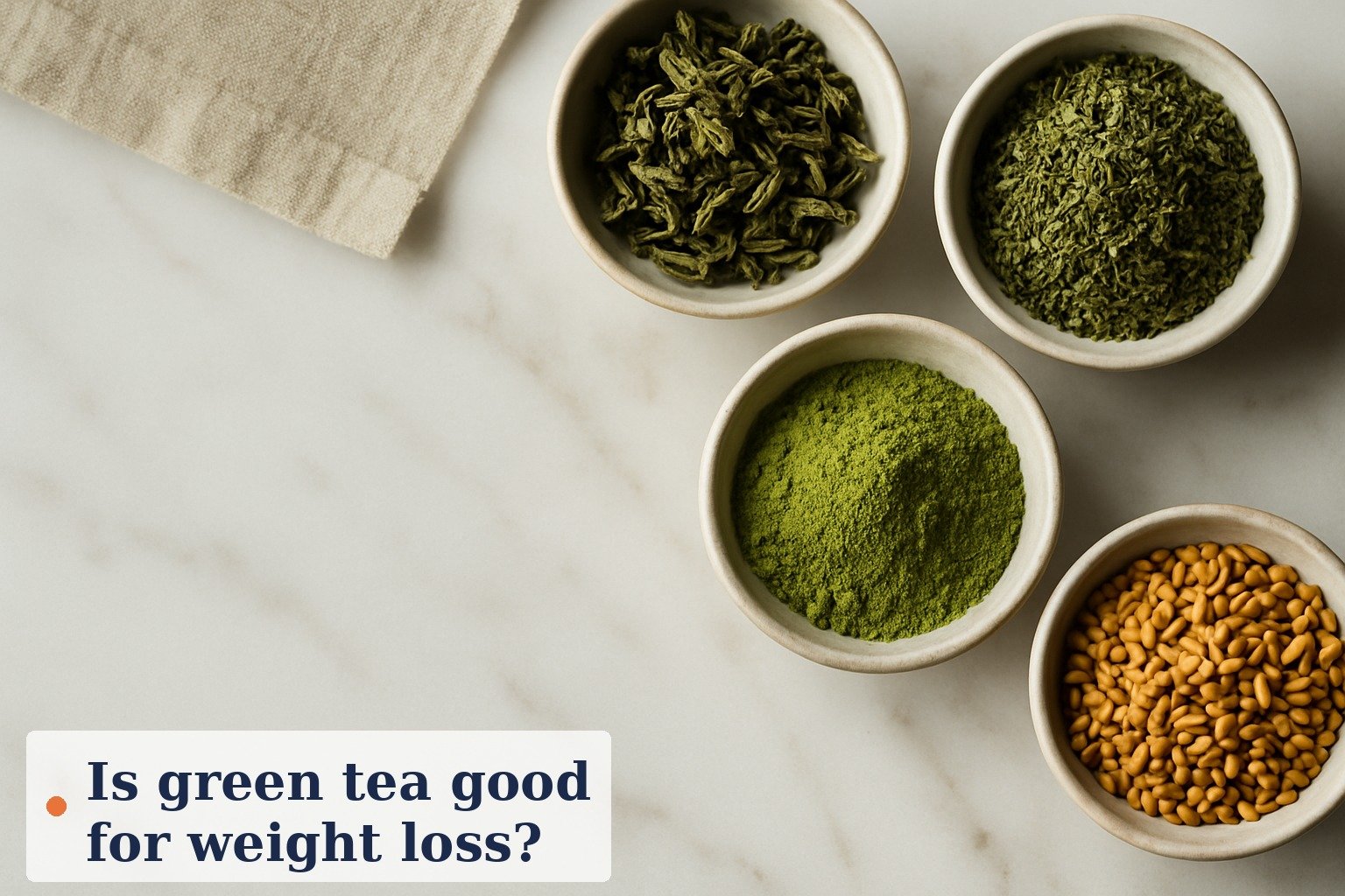 A cup of freshly brewed green tea and a small bowl of matcha powder with a bamboo whisk on a wooden surface